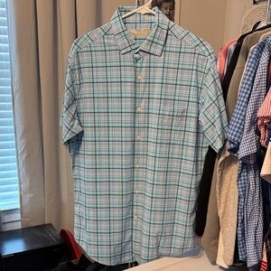 Peter Millar Aqua and Gray Plaid Button Down Shirt